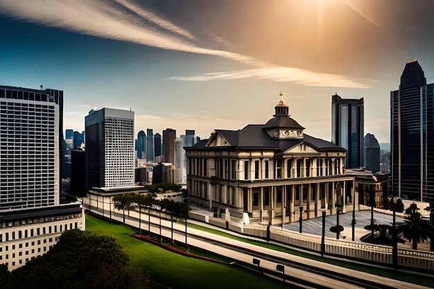 A cityscape with a large building and a cityscape in the background