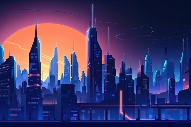 Cityscape with skyscrapers at sunset Vector illustration in neon style 3d game city futuristic cartoon style blue sunset AI Generated