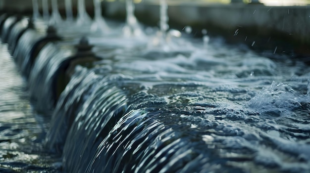 Photo clean treated water flowing out of industrial facility for successful water purification