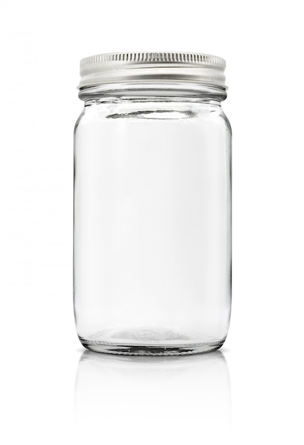 Clear glass bottle with silver cap isolated on white background