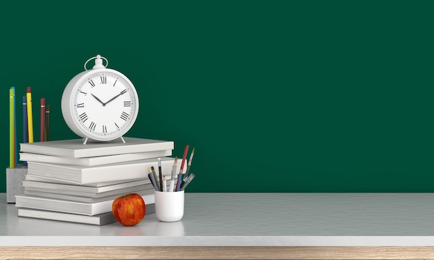 Clock on books for mockup, back to school concept