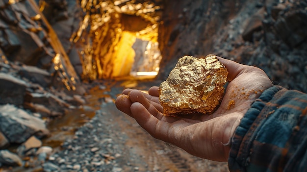 Close shot of a person holding a gold nugget with a blurry backdrop of gold mine and space for text or product Generative AI