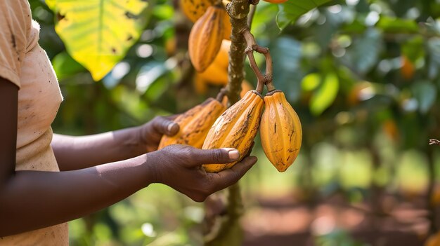 Close shot of several cocoa fruits hanging on cocoa tree with sunshine in a cocoa field with copy space Generative AI