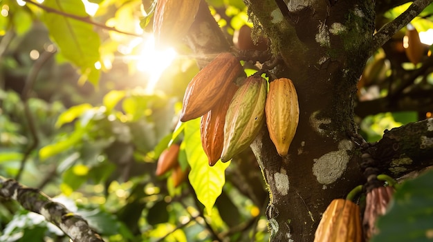 Close shot of several cocoa fruits hanging on cocoa tree with sunshine in a cocoa field with copy space Generative AI