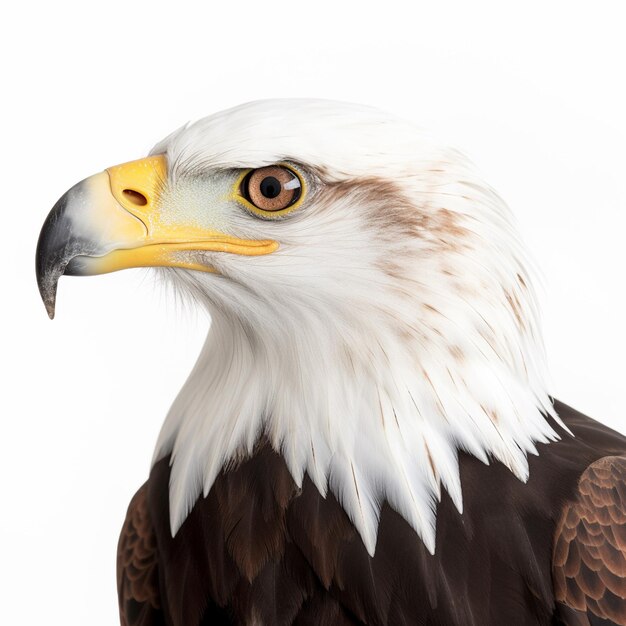 A close up of a bald eagle with a yellow beak.