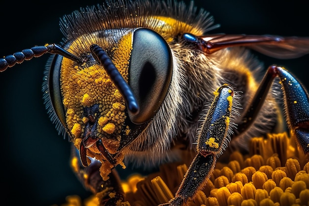 A close up of a bee with a black background