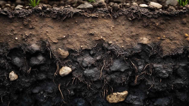 Foto close-up beeld van bodemlagen met wortels en minerale afzettingen