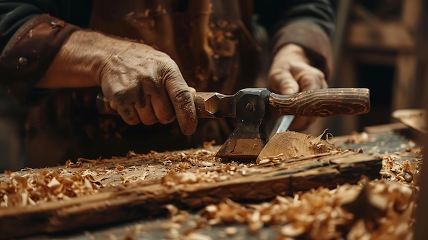 Photo close up of a craftsman using an adze