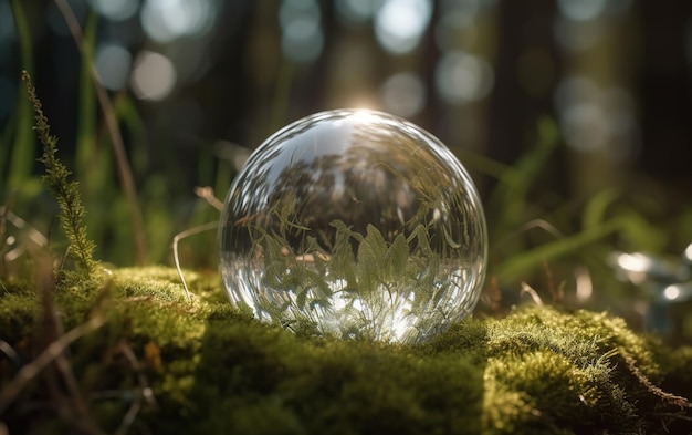 close up of crystal globe resting on grass under sunshine on nature background