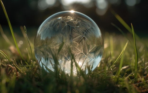 close up of crystal globe resting on grass under sunshine on nature background