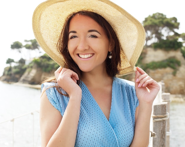 Close up Happy woman near ocean summer vacation