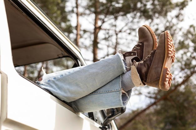 Close up legs laying in van