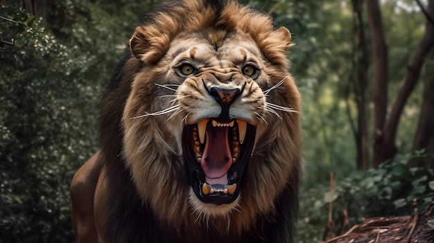 Close up of a lion with a wide mouth and a stout body