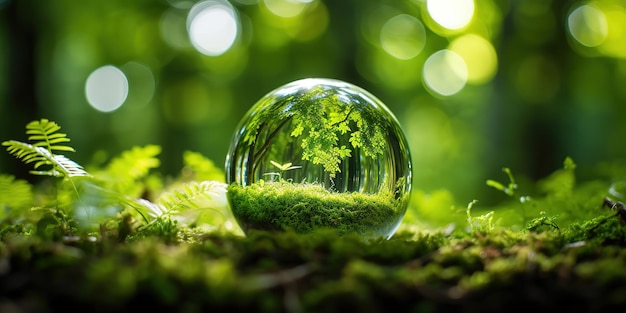 Close up photo of a glass globe nestled in a lush green forest