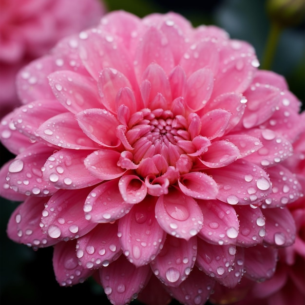 A close up of a pink flower with water droplets on it