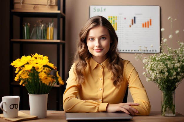 Close up portrait of young beautiful woman smiling while working in office Generative AI technology