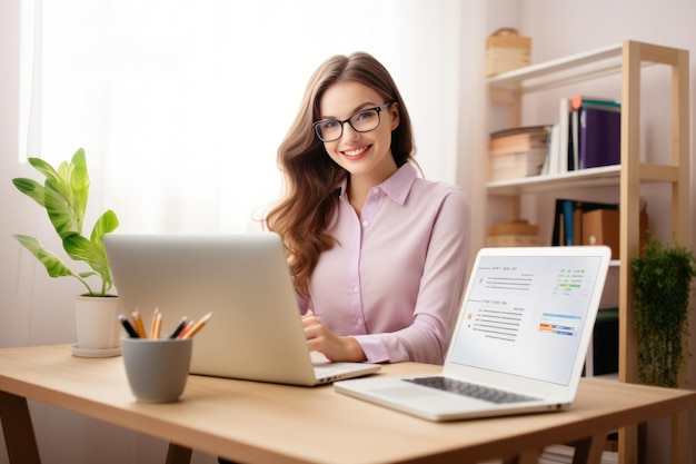 Close up portrait of young beautiful woman smiling while working in office Generative AI technology