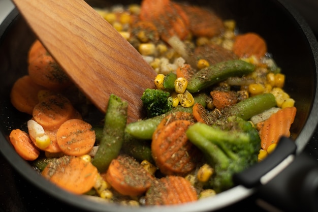 Close up of vegetables on frying pan