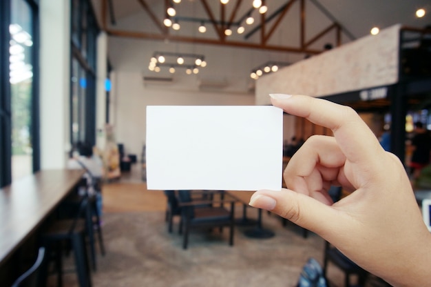 Close up of women hands holding business name card blank copy space screen.