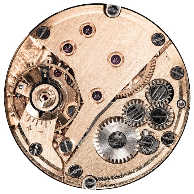 Photo close view of old clock mechanism with gears and cogs for your successful business design macro