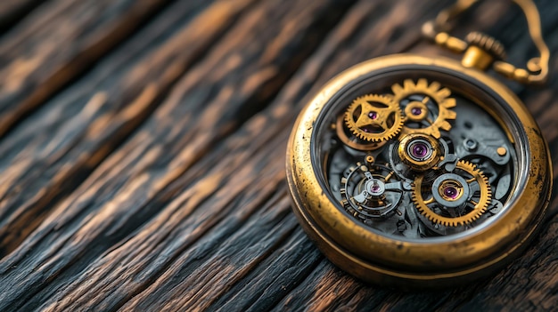 Photo closeup of an antique pocket watch with exposed gears on a rustic wooden background