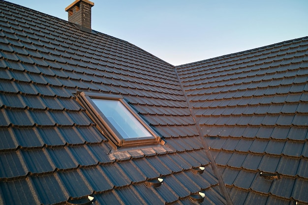 Closeup of attic window on house roof top covered with ceramic shingles Tiled covering of building