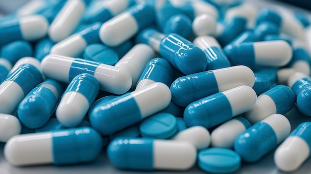 A closeup of blue and white capsules and tablets suggesting medicinal use