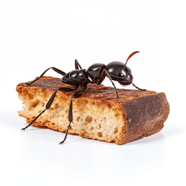 CloseUp Of A Brown Ant On A Piece Of Toasted Bread Isolated On White Background Detailed Macro