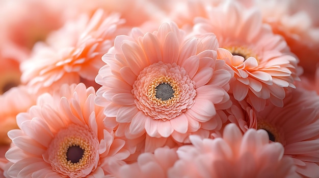 Foto close-up di un grappolo di margherite gerbera di colore rosa morbido con una bassa profondità di campo