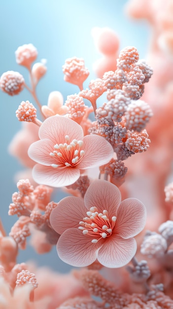 Photo closeup of delicate pink flowers with visible veins against a blue background