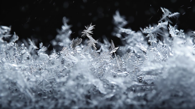 Photo closeup of delicate sparkling snowflakes against a black background