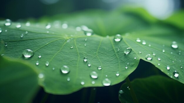 the closeup details of water droplets on the surface of lotus leaves