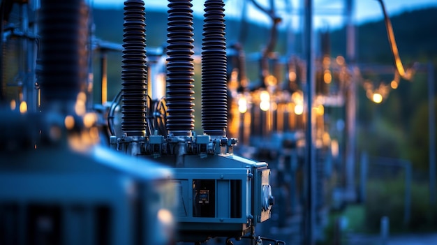 Photo closeup of electrical transformers and highvoltage equipment at a power plant focusing on the heavyduty components and their role in power distribution