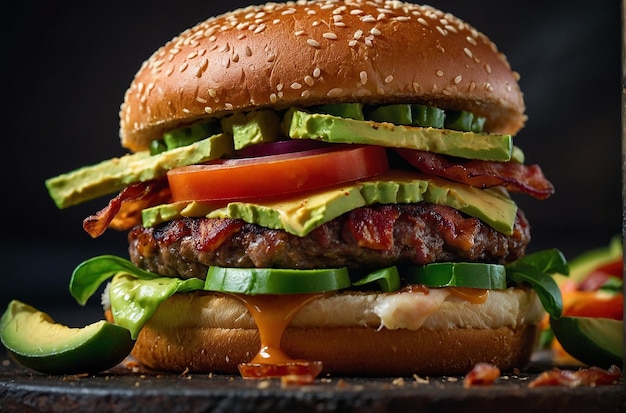 Closeup of a gourmet burger with baco