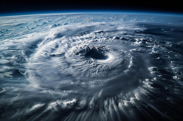 Closeup of a hurricanes eye from space showing swirling white clouds and dark blue sky