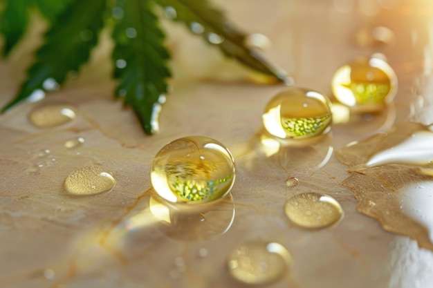 Photo a closeup image of cannabis oil drops on a surface highlighting the natural golden color of the oil and its reflective properties a cannabis leaf adds a natural touch