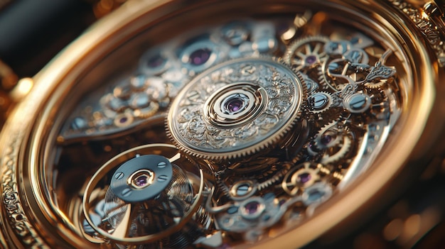 Photo closeup of intricate gold watch mechanism with gears and jewels