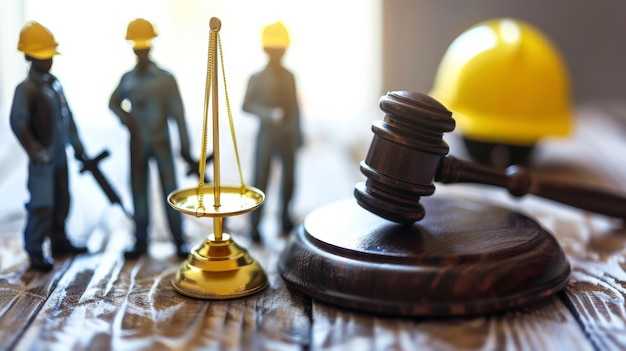 Photo closeup of judges gavel and scales of justice with construction workers in the background blending law and labor imagery