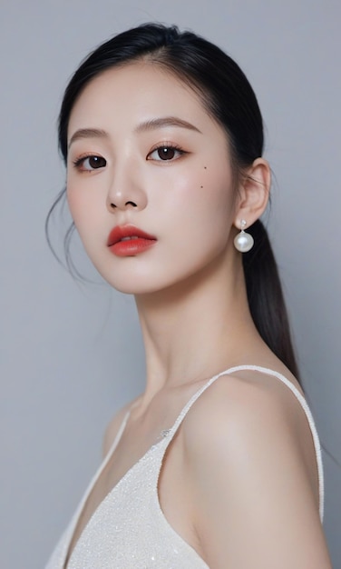Photo closeup photo of an asian model with a beautiful face wearing a white dress