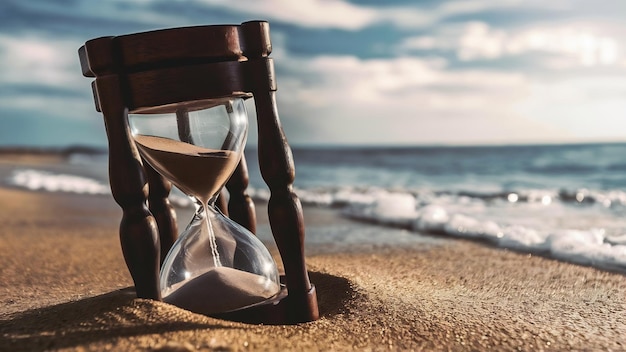 Closeup photo of wooden hourglass at the beach high quality photo