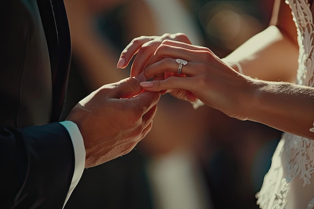 Photo closeup shot of a bride putting a wedding ring on the grooms hand