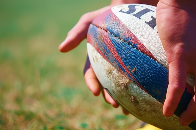 Foto una foto ravvicinata di una mano su una palla da rugby