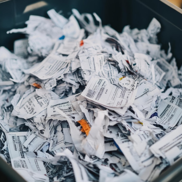 Photo closeup of shredded white paper filling a container