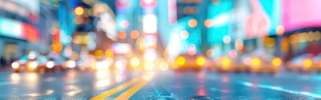 Photo closeup of a street with glowing modern city with skyscrapers on blur background with motion blur effect