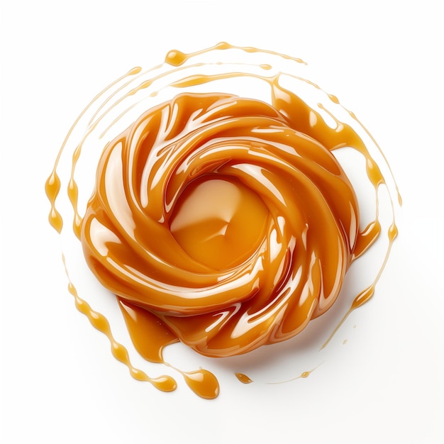 CloseUp Of Swirling Caramel Sauce On White Background