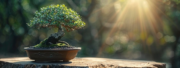 Photo closeup of traditional bonsai tree on wooden oak table ample copy space available