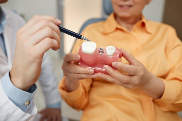 Photo closeup of unrecognizable dentist pointing at tooth model