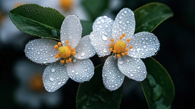 Closeup of white flowers with water droplets on leaves showcasing nature39s beauty