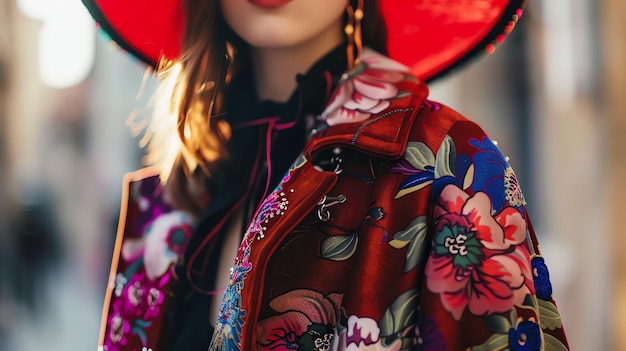 Closeup of a woman wearing a red hat and a floral jacket with a black background