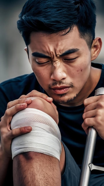 Photo closeup of young man with knee injury